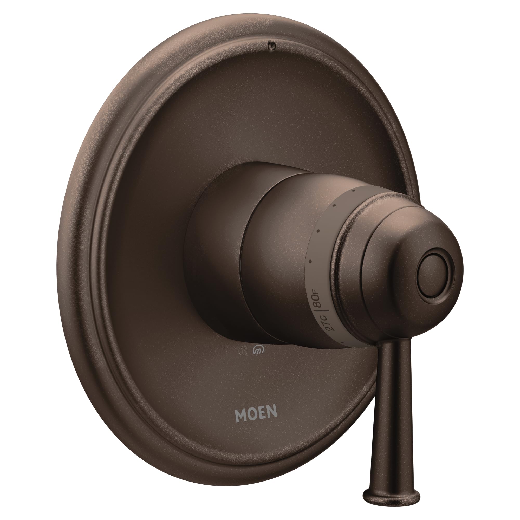 Old World Bronze Moen thermostatic shower valve trim with round escutcheon plate and single lever handle.