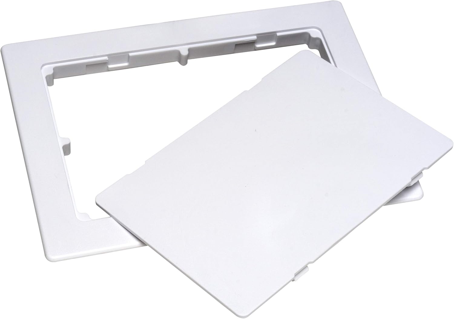 White rectangular access panel with frame and removable cover, approximately 6 by 9 inches.
