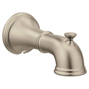 Brushed nickel tub spout with wall-mounted flange and diverter button.