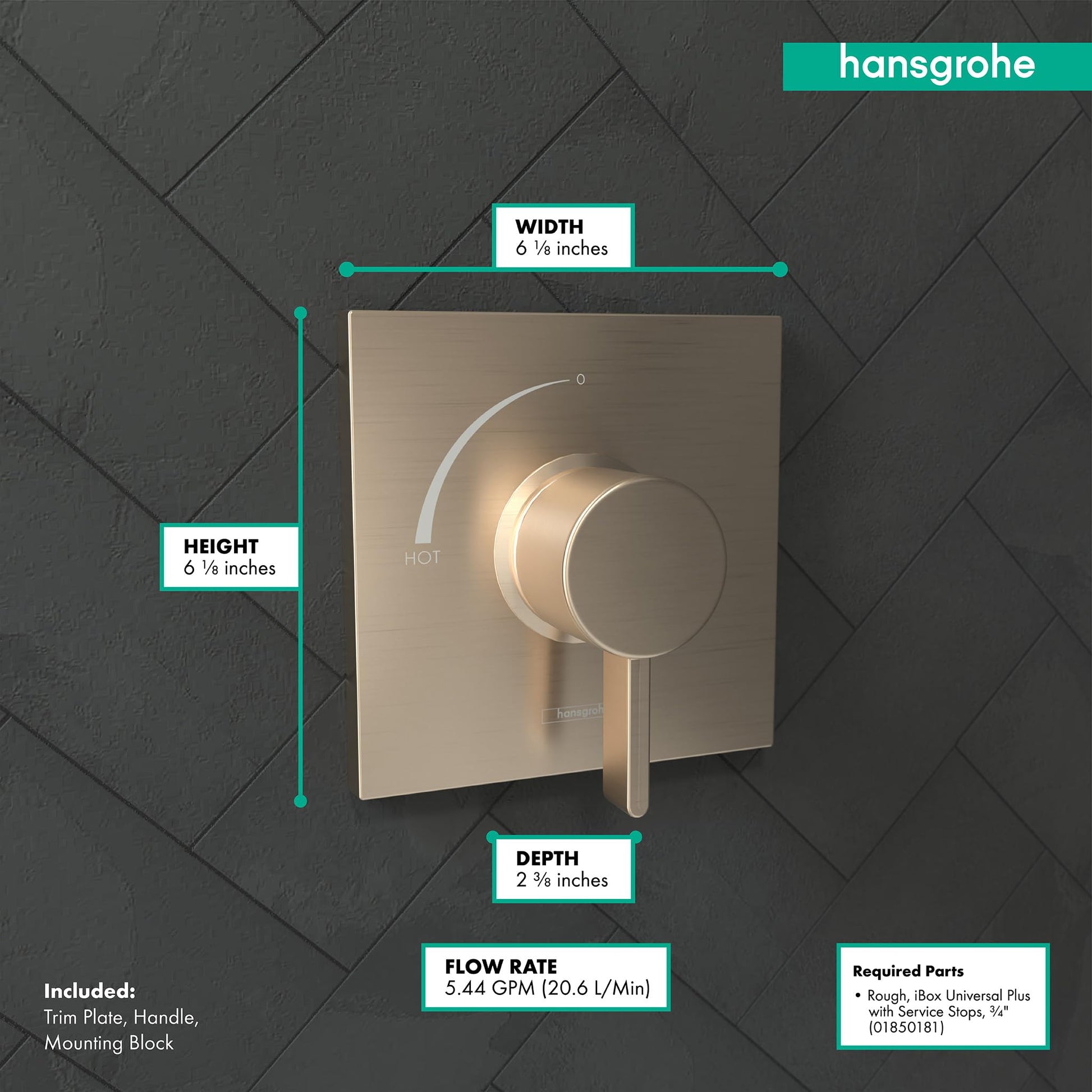 Brushed bronze square pressure balance valve trim with circular handle and mounting plate on herringbone tile wall.
