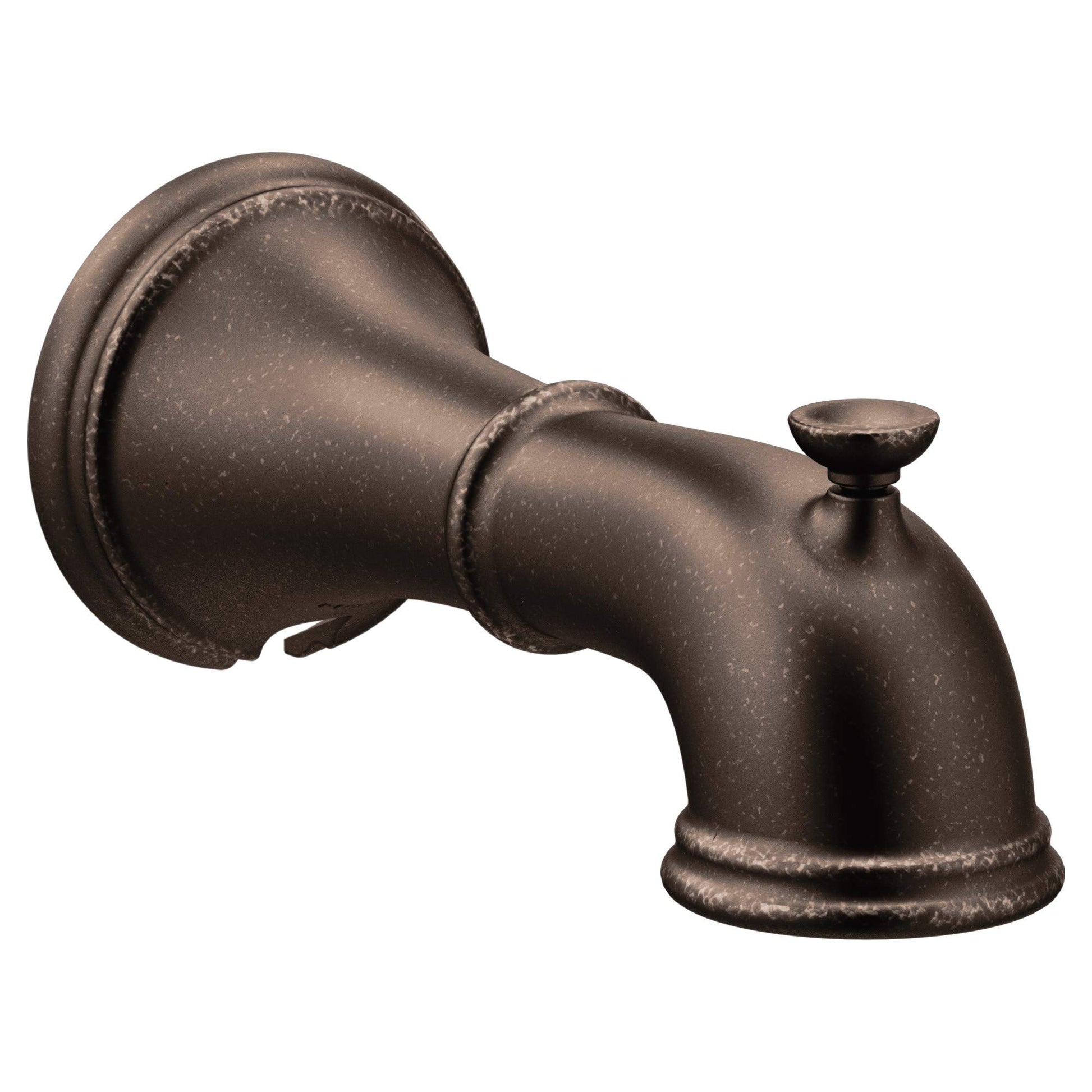 Oil rubbed bronze tub spout with decorative collar and wall flange attachment.