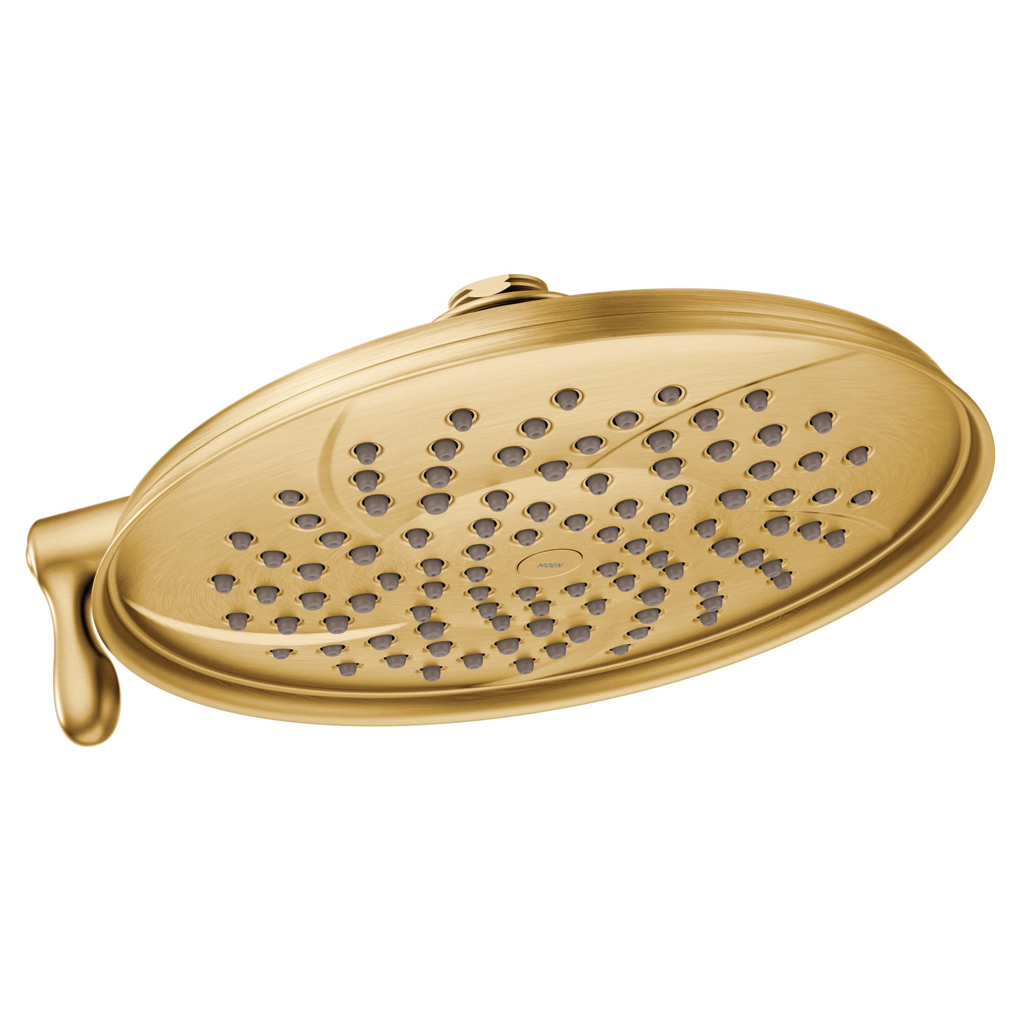 Brushed gold oval showerhead with multiple spray holes and curved lever handle on left side.