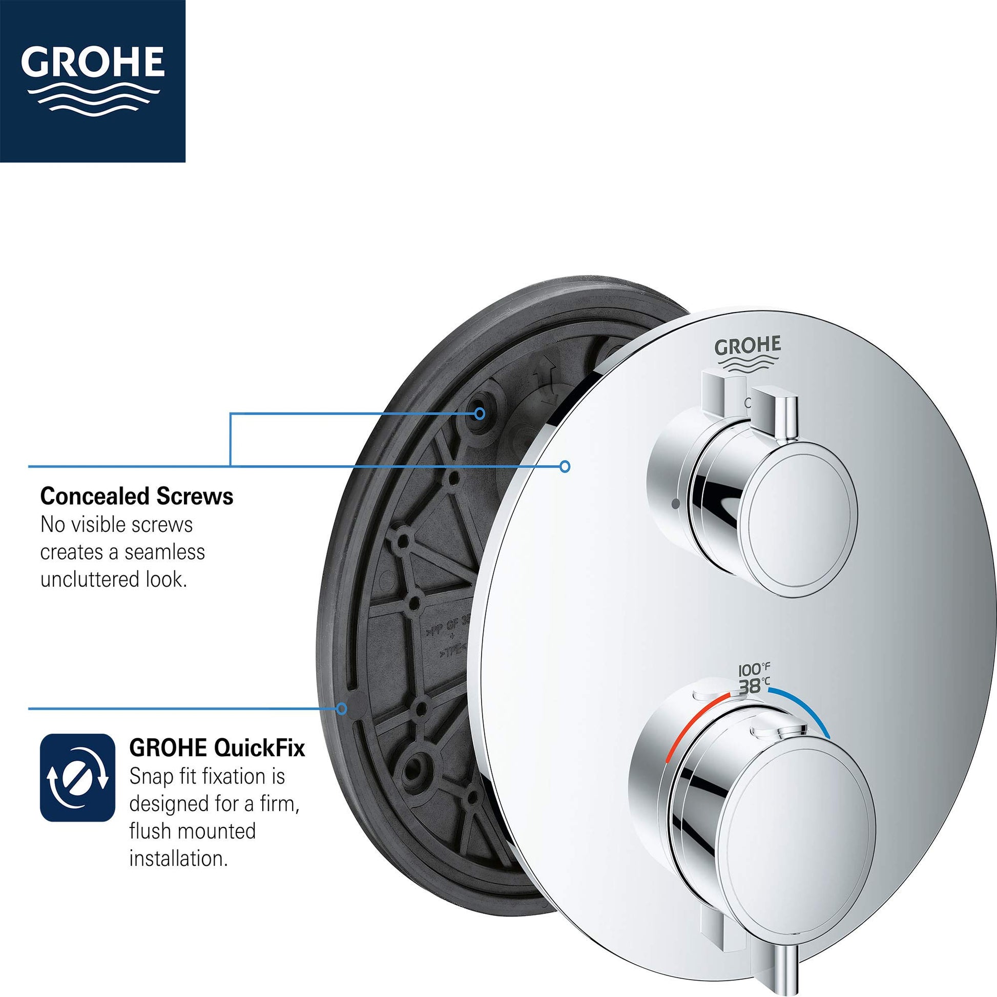Grohe brushed nickel thermostatic valve trim with two circular handles and concealed mounting hardware shown from front and s