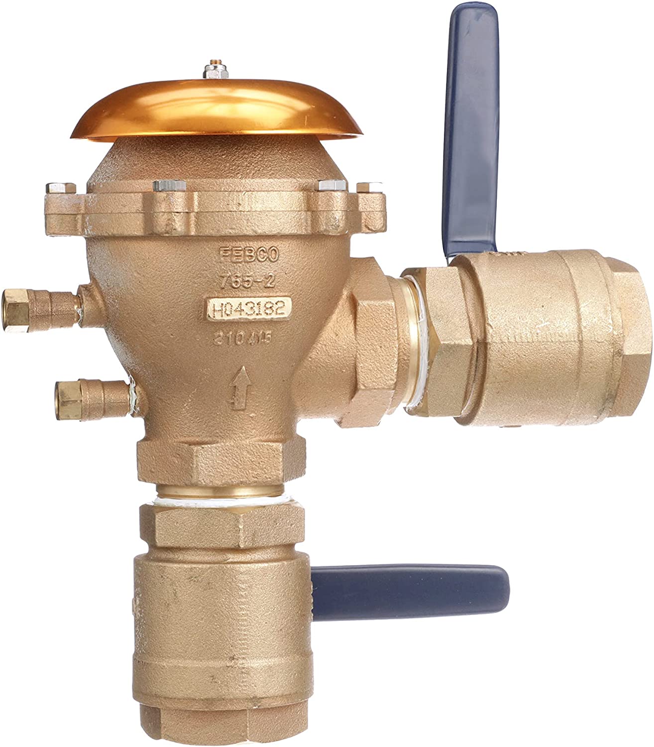 Bronze pressure vacuum breaker with 2-inch threaded connections, blue handle valve, and freeze sensor probe on top.