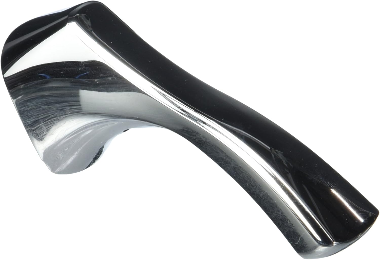 Chrome and black curved faucet handle with grip strip and lever mechanism.