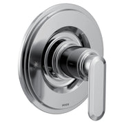 Chrome single handle tub and shower faucet valve with rounded escutcheon plate and lever handle.