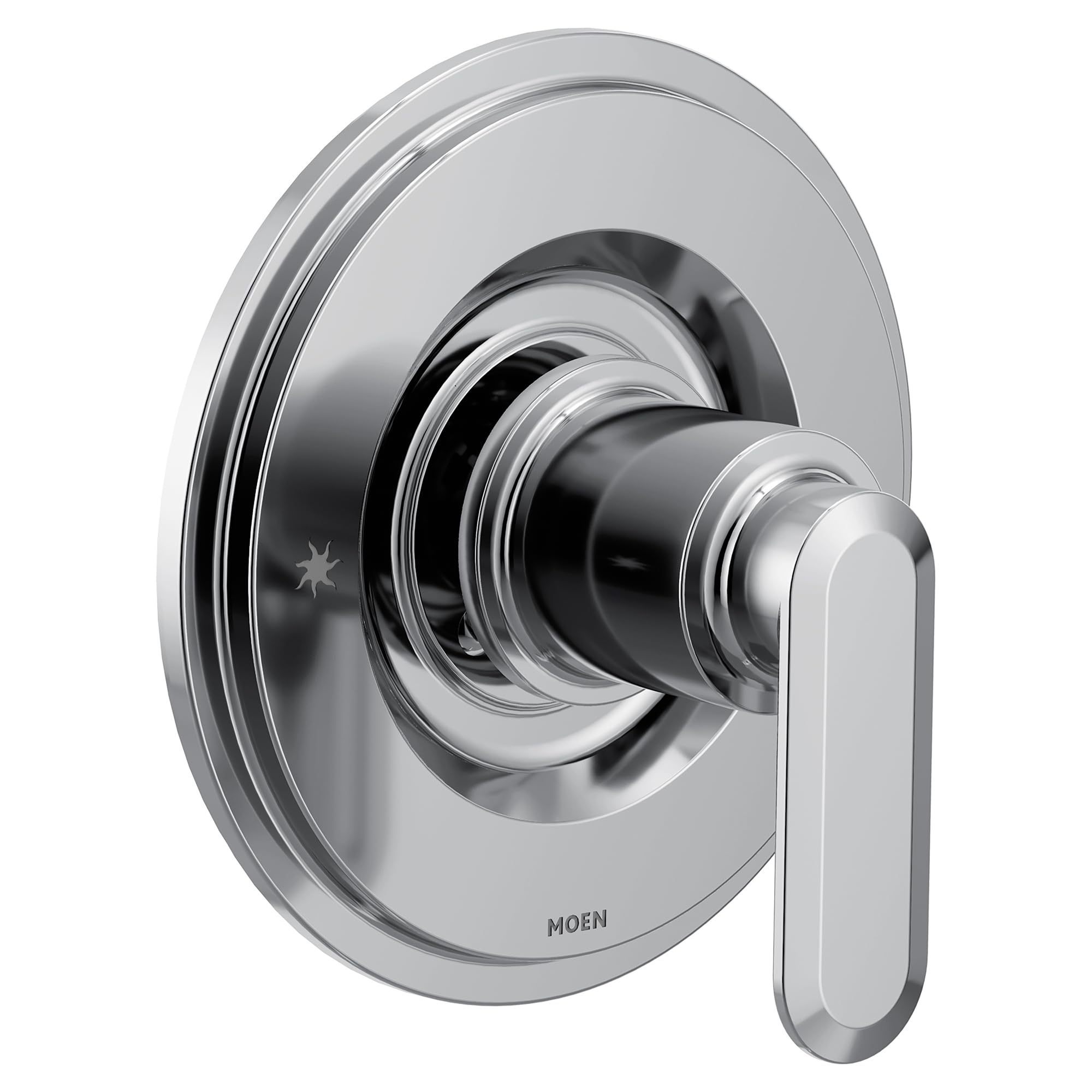 Chrome single handle tub and shower faucet valve with rounded escutcheon plate and lever handle.