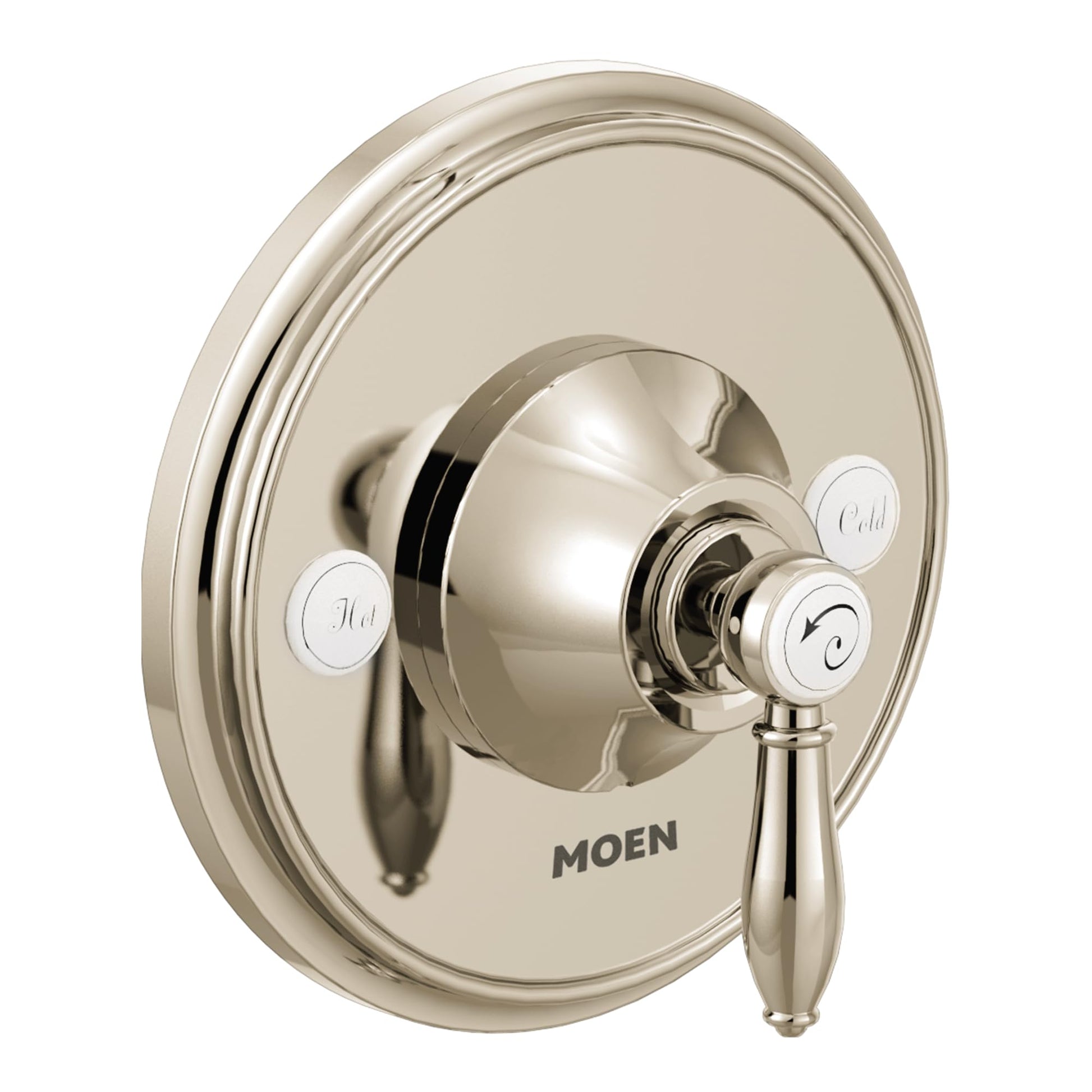 Polished nickel round shower valve trim with single lever handle and temperature control indicators.