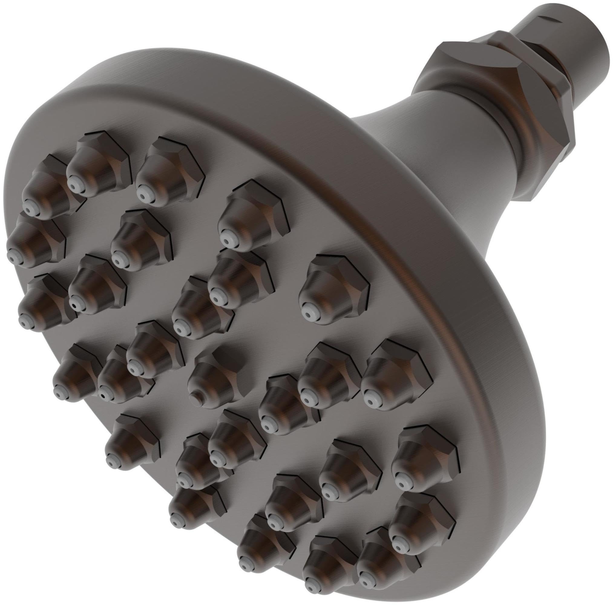 English bronze shower head with multiple nozzles and threaded arm connector.