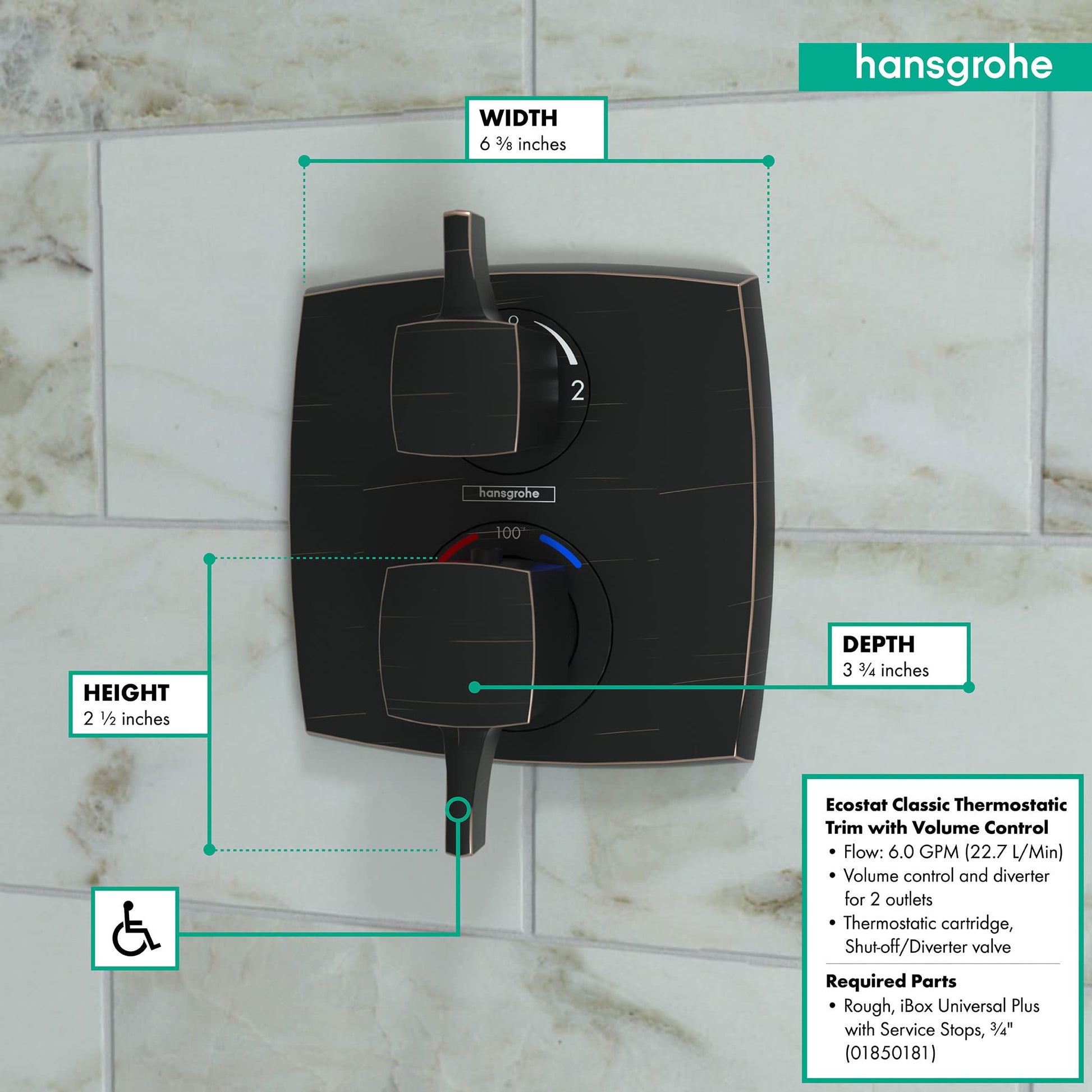 Square rubbed bronze thermostatic shower trim with volume control and diverter, 6.75" wide by 2.5" tall.