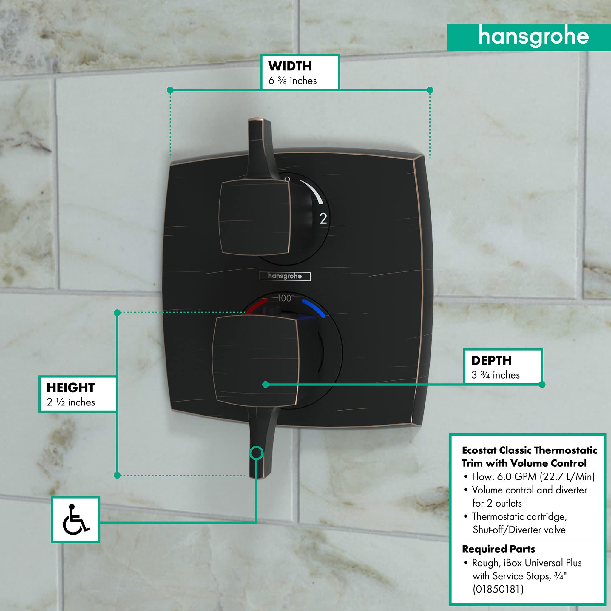 Square rubbed bronze thermostatic shower trim with volume control and diverter, 6.75" wide by 2.5" tall.