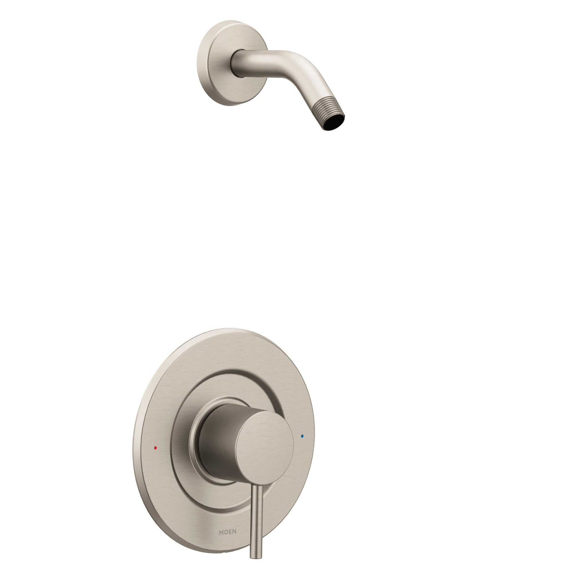 Brushed nickel shower trim kit with round escutcheon plate, control handle, and curved arm without showerhead attached.