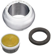 Chrome faucet aerator with white collar ring, yellow perforated screen insert, and black rubber gasket.