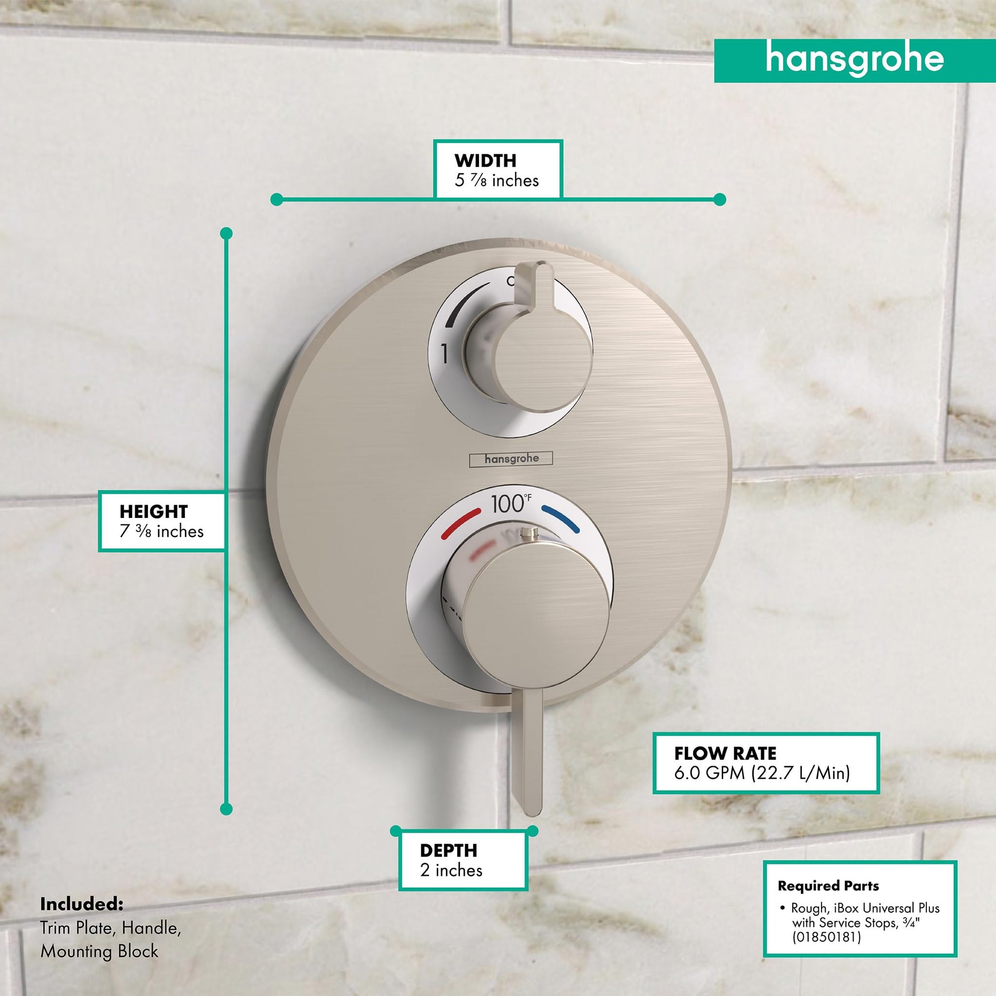 Brushed nickel circular thermostatic valve trim with upper volume control knob and lower diverter knob marked 100°, mounted o