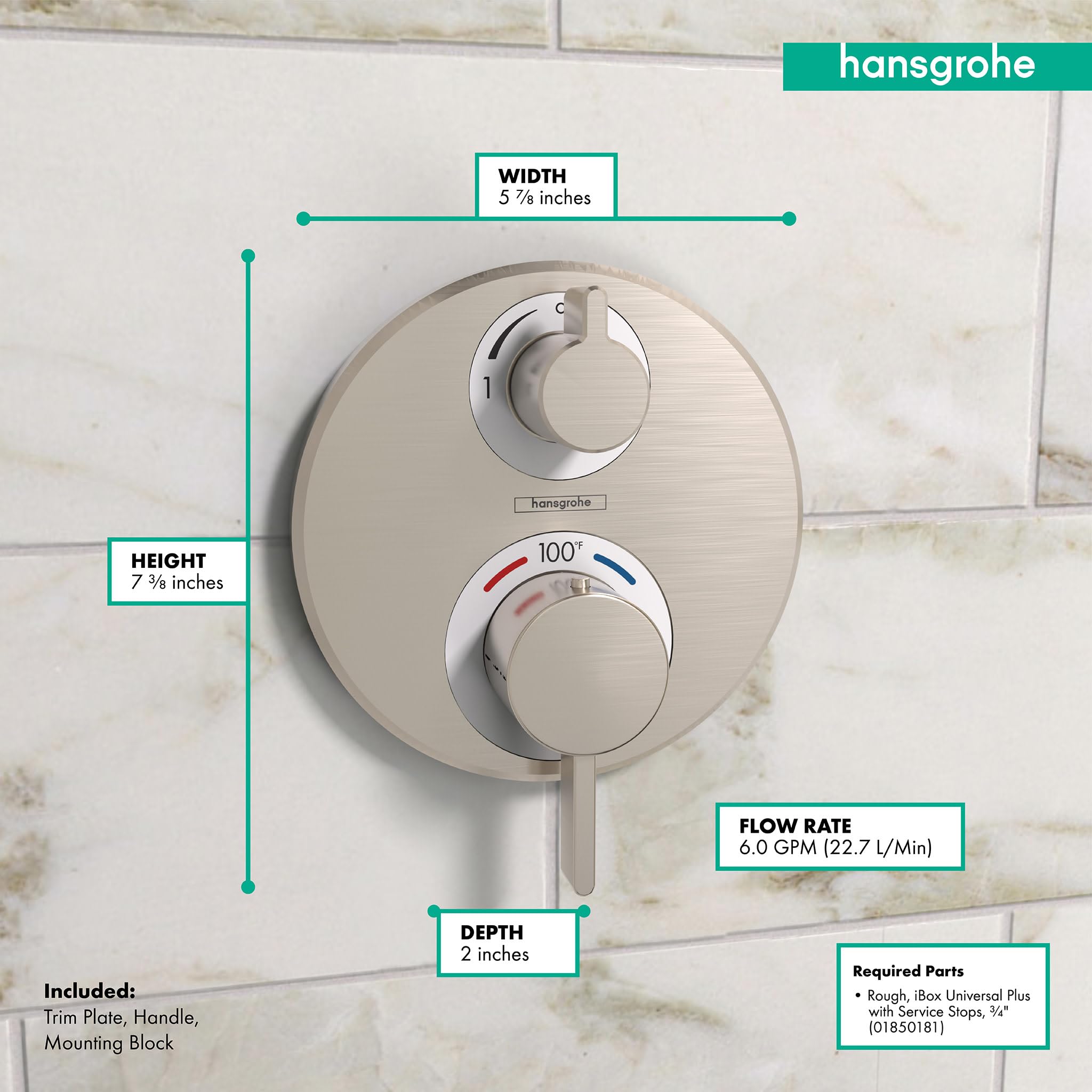 Brushed nickel circular thermostatic valve trim with upper volume control knob and lower diverter knob marked 100°, mounted o