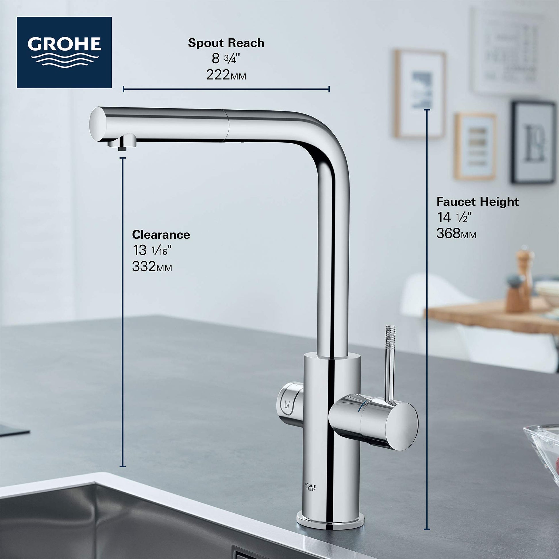 Grohe chrome single-handle pull-out kitchen faucet with curved spout and side spray lever, shown with dimension specification