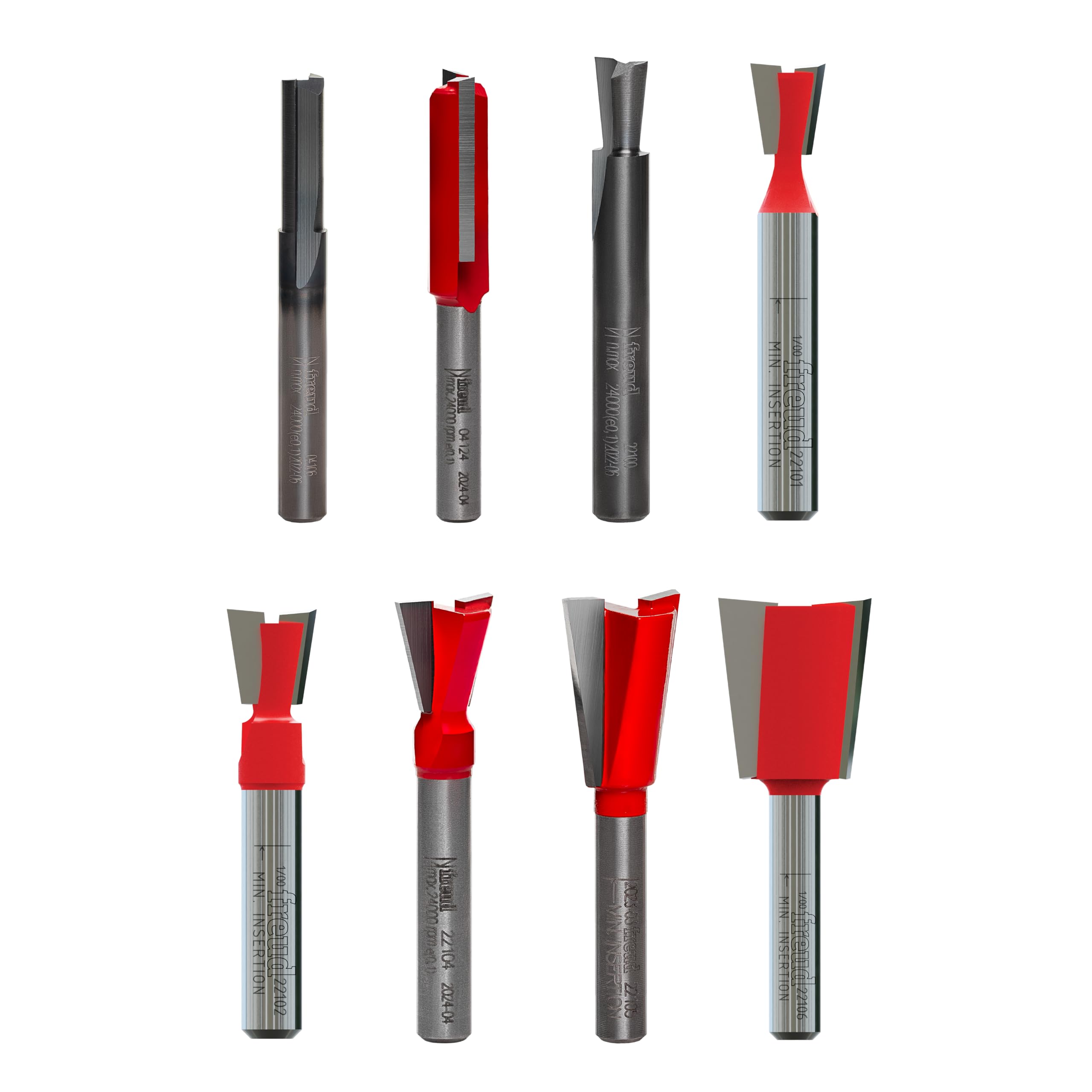 Eight router bits with varying cutting head shapes in black and red, designed for use with Incra joinery jigs.