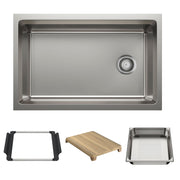 Stainless steel single-bowl undermount kitchen sink with drain and included accessories: black rim, wooden cutting board, and