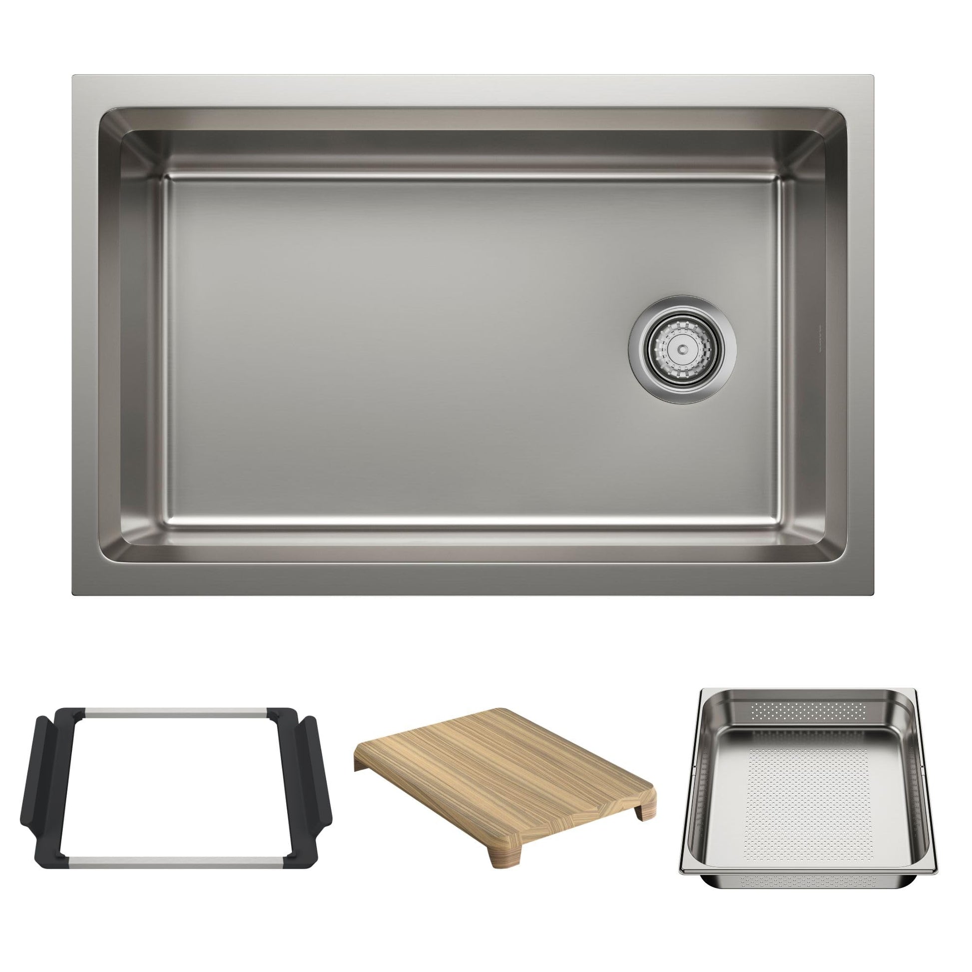 Stainless steel single-bowl undermount kitchen sink with drain and included accessories: black rim, wooden cutting board, and