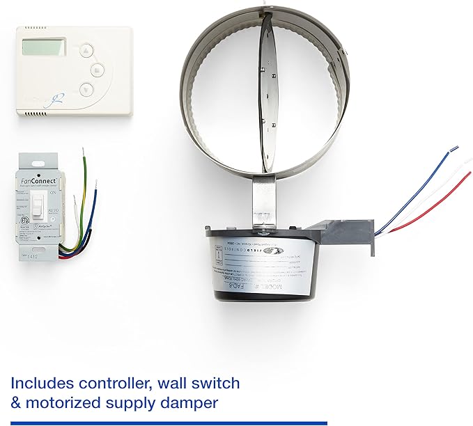 White wall-mount controller with digital display, motorized damper with metal damper blade, and wall switch with color-coded 