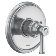 Chrome shower valve trim with circular escutcheon plate and single lever handle.