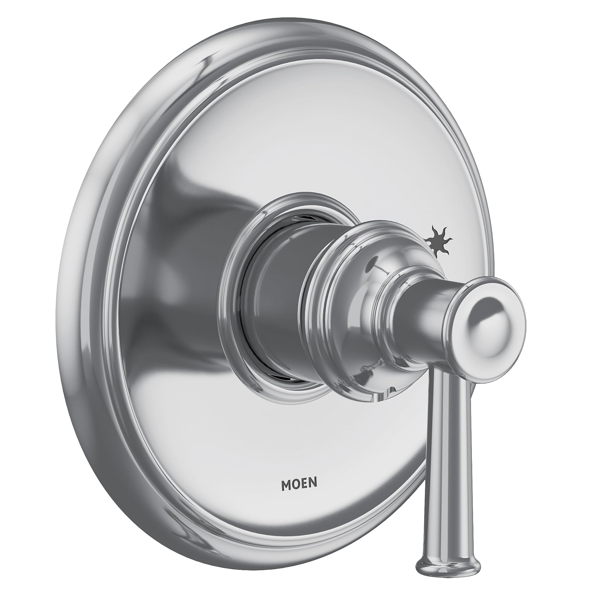 Chrome shower valve trim with circular escutcheon plate and single lever handle.