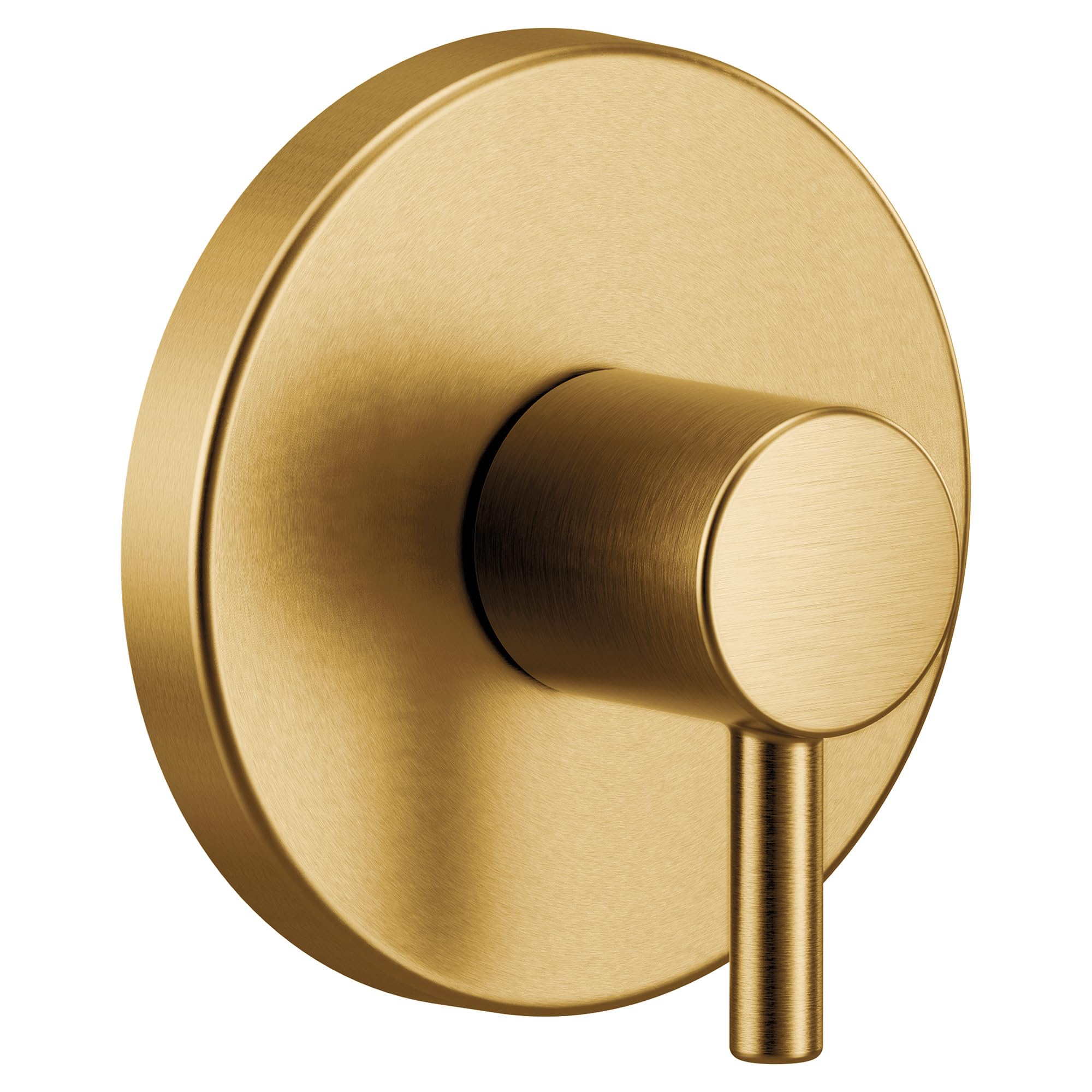 Brushed gold single-handle transfer valve trim with circular escutcheon plate and cylindrical lever handle.