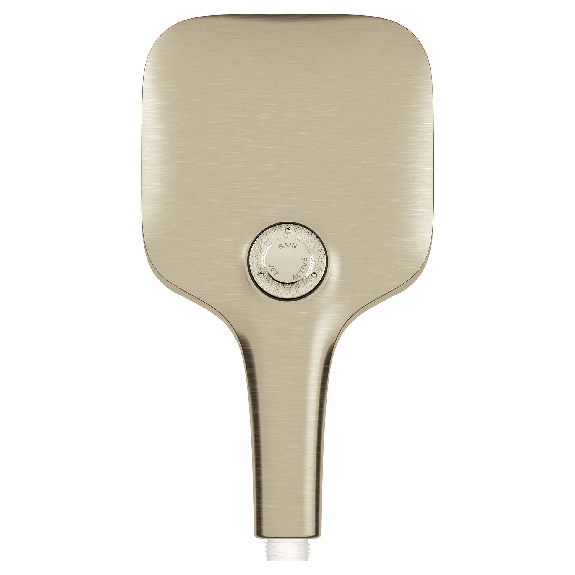 Grohe Rainshower hand shower in brushed nickel with rounded square head and circular spray control dial.