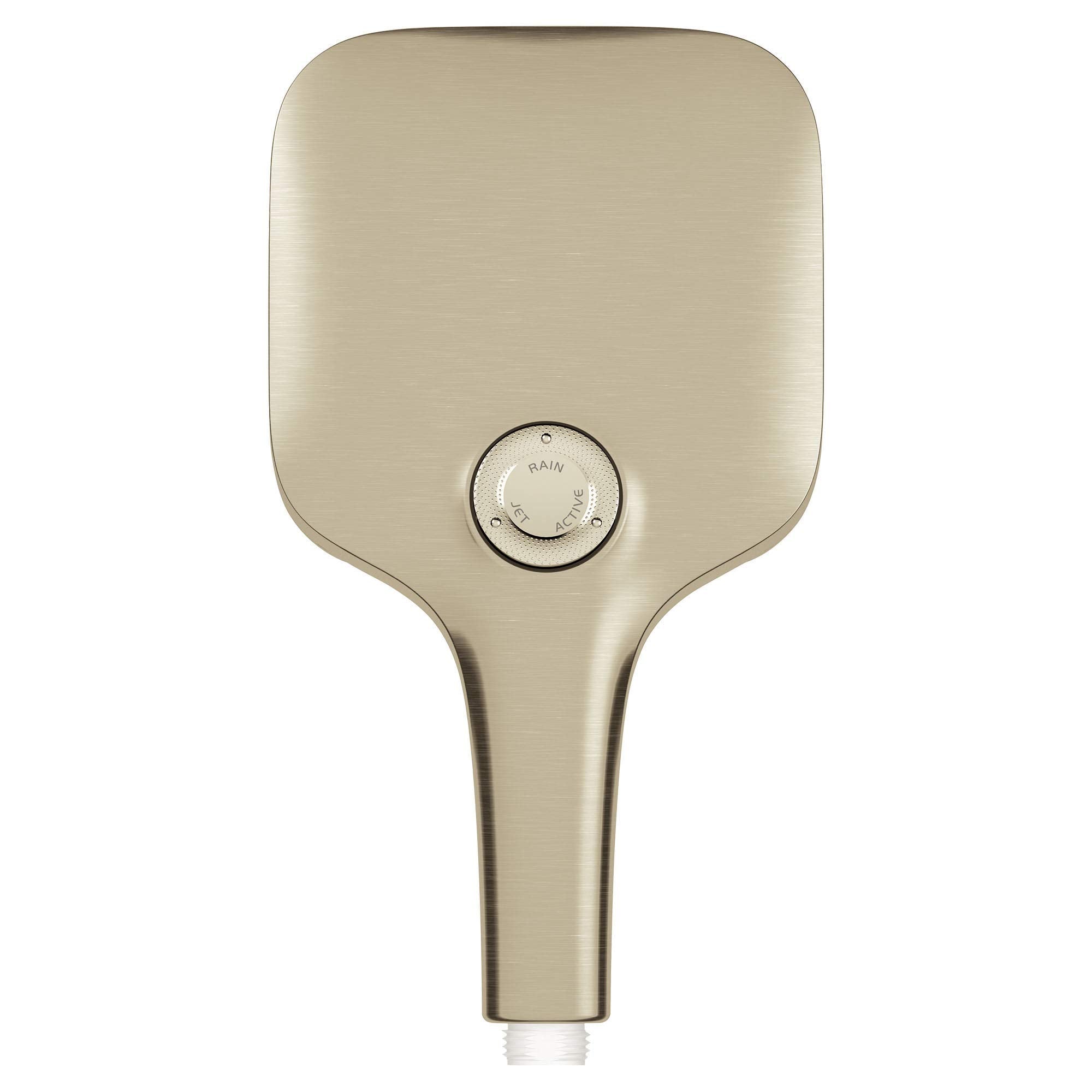 Grohe Rainshower hand shower in brushed nickel with rounded square head and circular spray control dial.