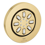 Round brushed gold body spray with multiple white nozzles arranged in circular pattern.