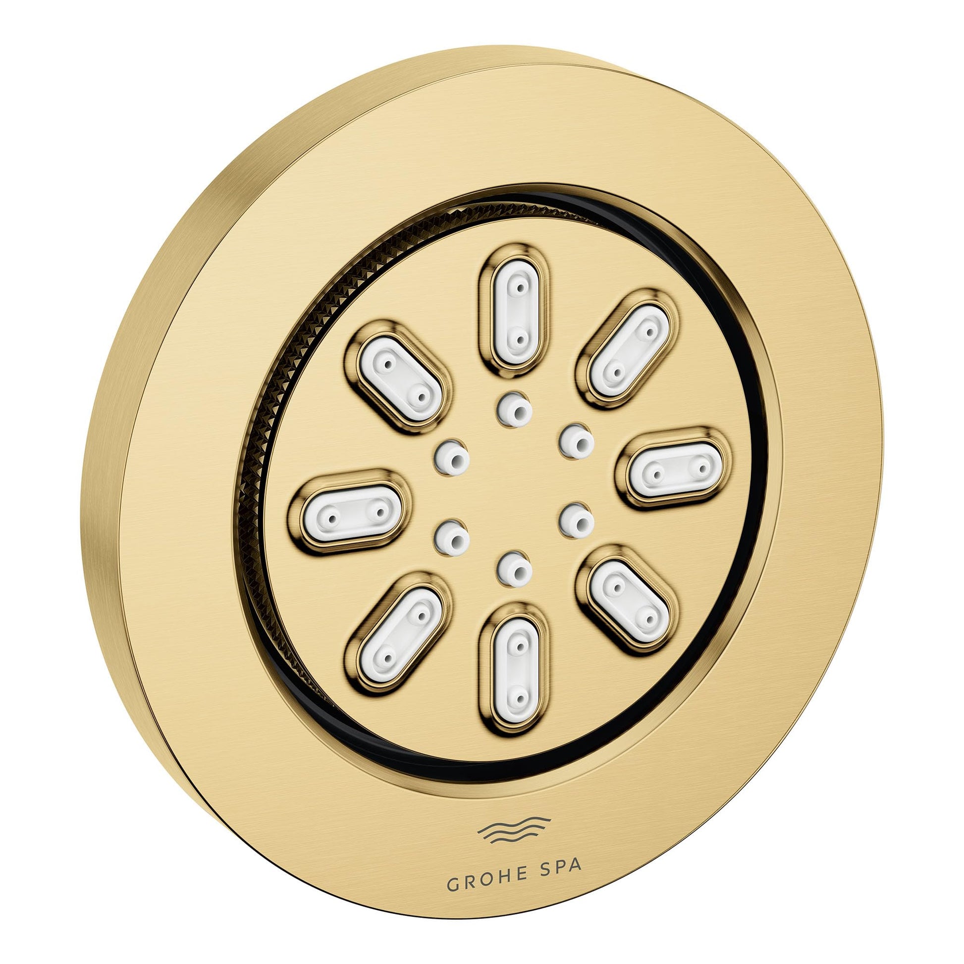 Round brushed gold body spray with multiple white nozzles arranged in circular pattern.