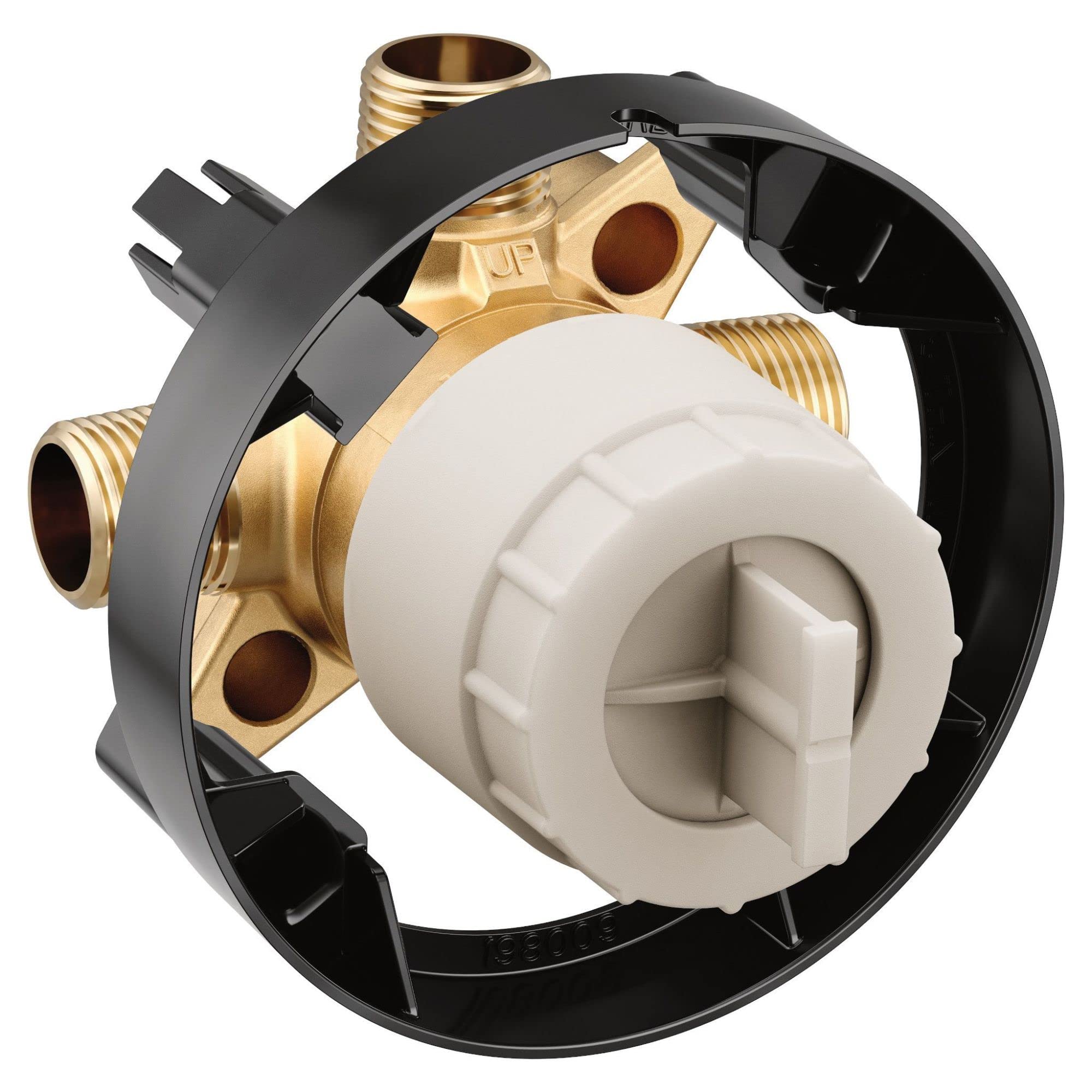 Brass rough-in valve with white cartridge, three threaded ports, and black mounting ring for wall installation.