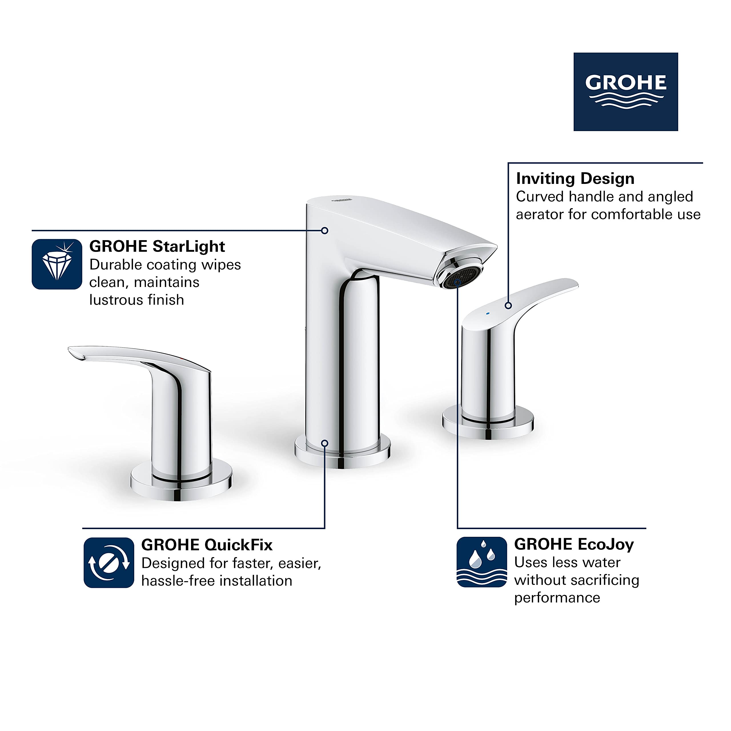 Chrome widespread bathroom faucet with curved handles and tall central spout, shown with left and right control handles.