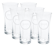 Six clear glass water glasses with Grohe Blue logo printed on each glass.