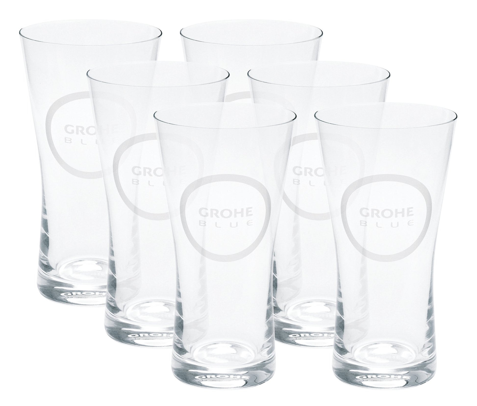 Six clear glass water glasses with Grohe Blue logo printed on each glass.