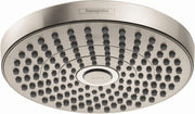 Hansgrohe Croma Select S 180 brushed nickel round shower head with multiple spray jets and select button.