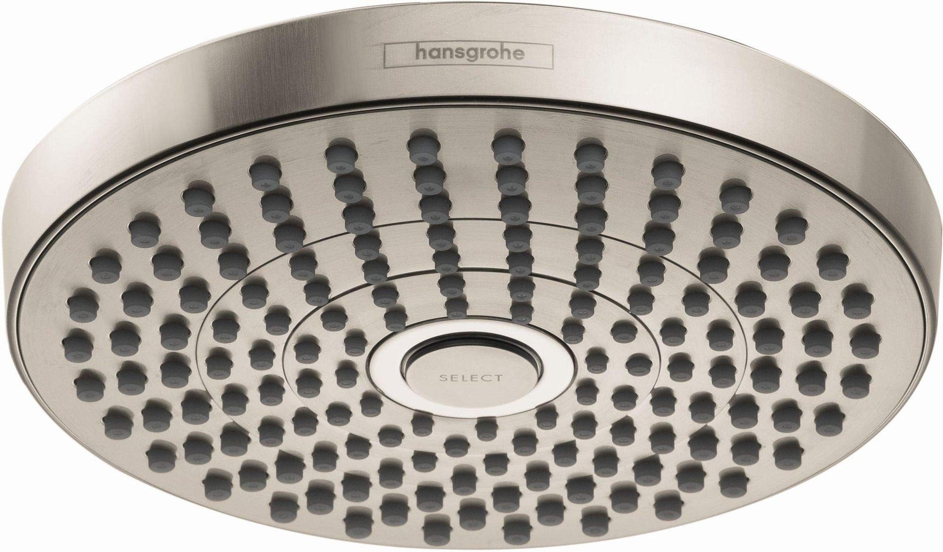 Hansgrohe Croma Select S 180 brushed nickel round shower head with multiple spray jets and select button.