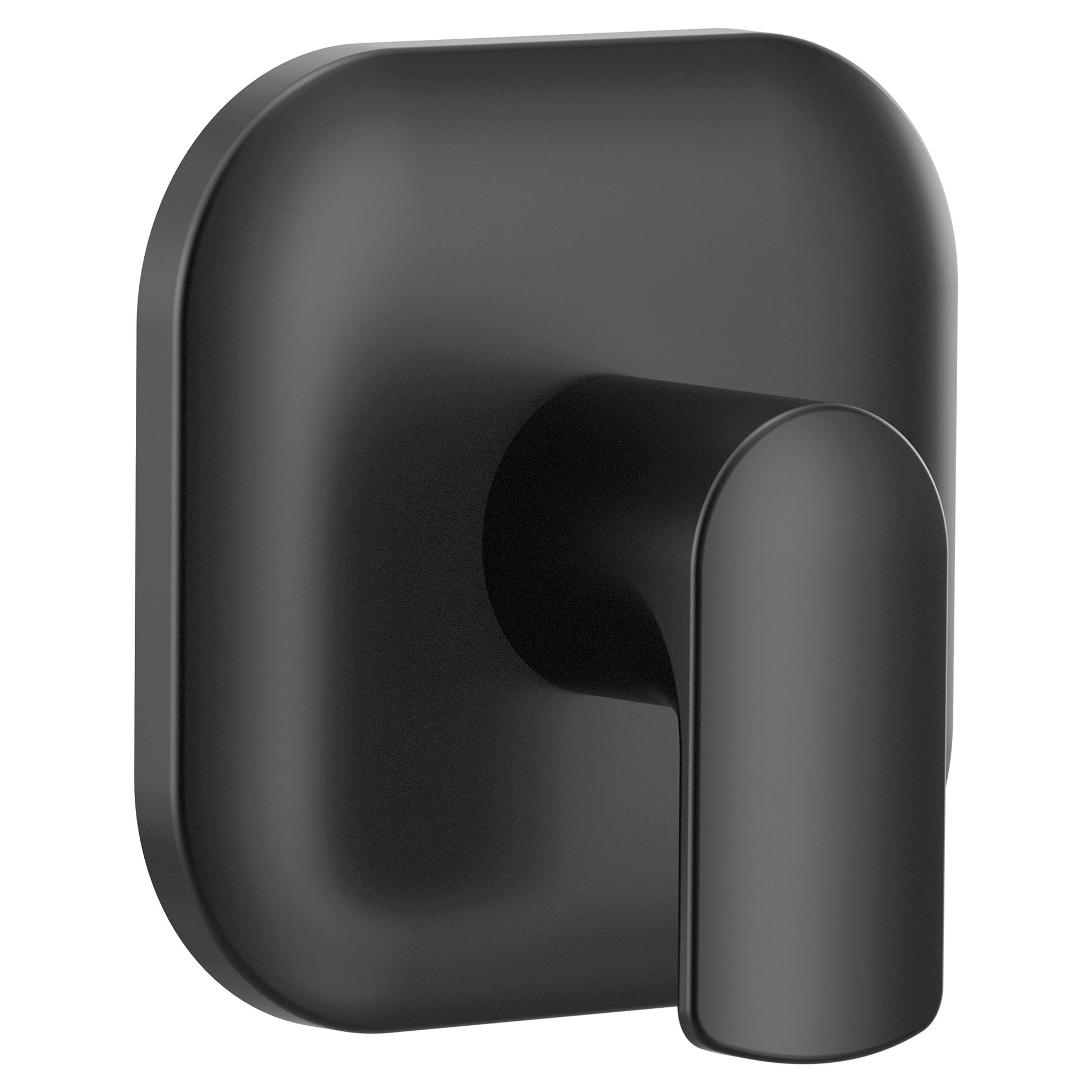 Matte black single-handle transfer valve trim with rounded rectangular escutcheon and curved lever handle.