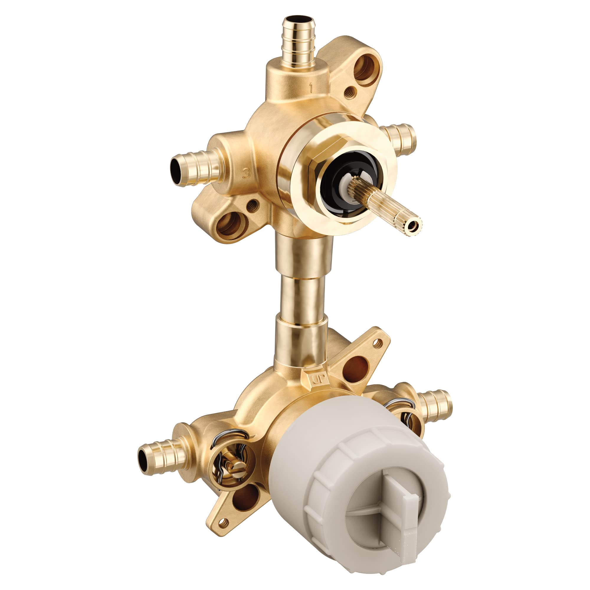 Brass transfer valve with PEX connections, featuring upper control unit with stem and lower mixing valve with white cartridge