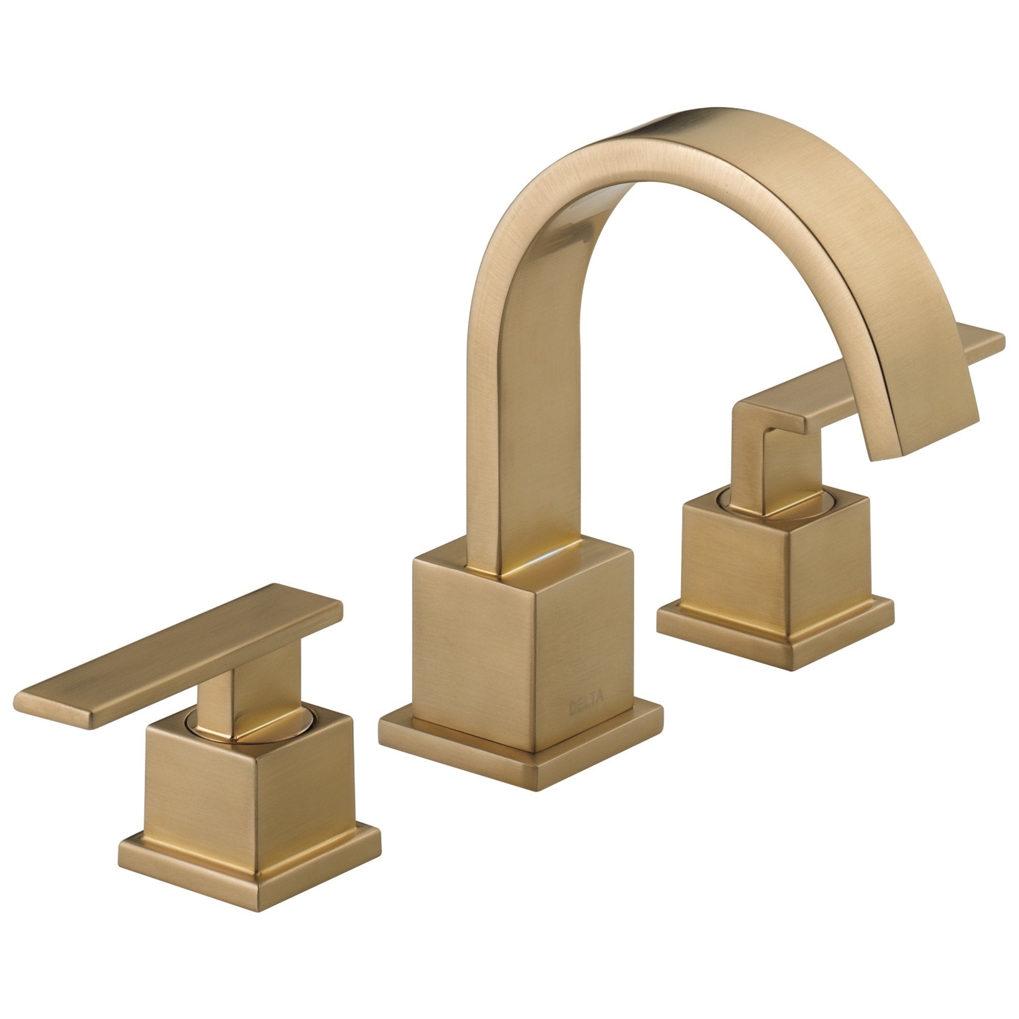 Champagne bronze two-handle widespread bathroom faucet with arched spout and square bases.