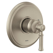 Brushed nickel shower trim kit with circular escutcheon plate and single lever handle.