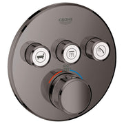 Grohe Grohtherm thermostatic valve trim in hard graphite with three function buttons and central temperature control dial.