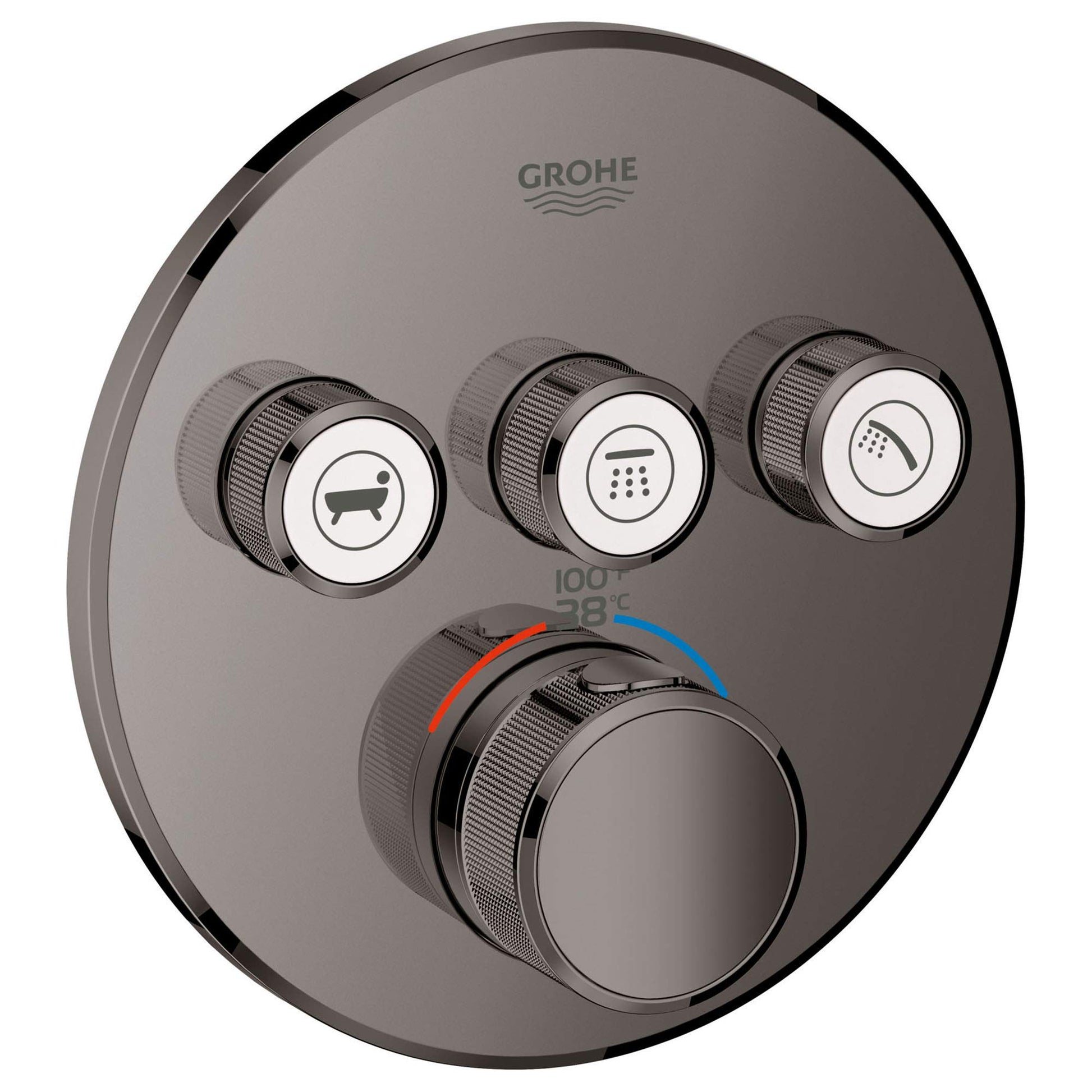 Grohe Grohtherm thermostatic valve trim in hard graphite with three function buttons and central temperature control dial.