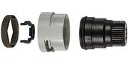 Chrome and black metal regulating nut and stop ring components for Grohe faucet repair.