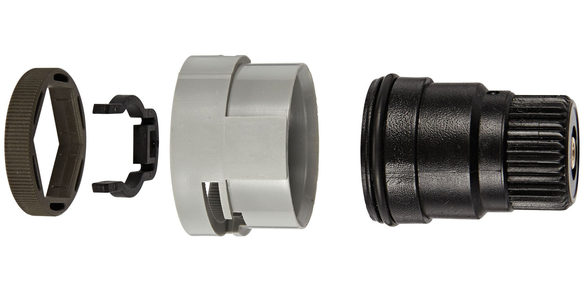 Chrome and black metal regulating nut and stop ring components for Grohe faucet repair.