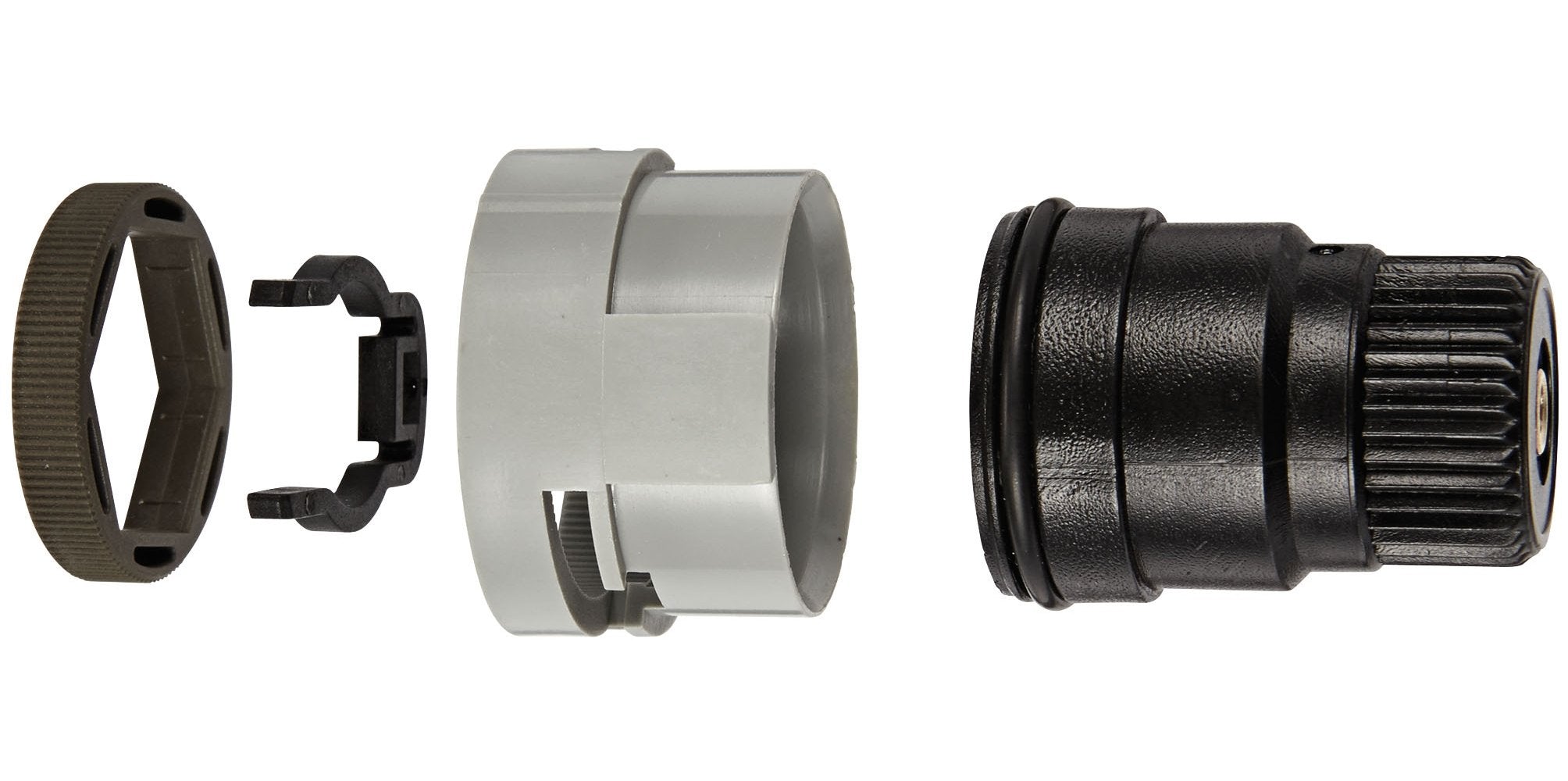 Chrome and black metal regulating nut and stop ring components for Grohe faucet repair.