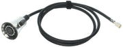 Stainless steel pull-down kitchen faucet spray head with black braided hose and connector.