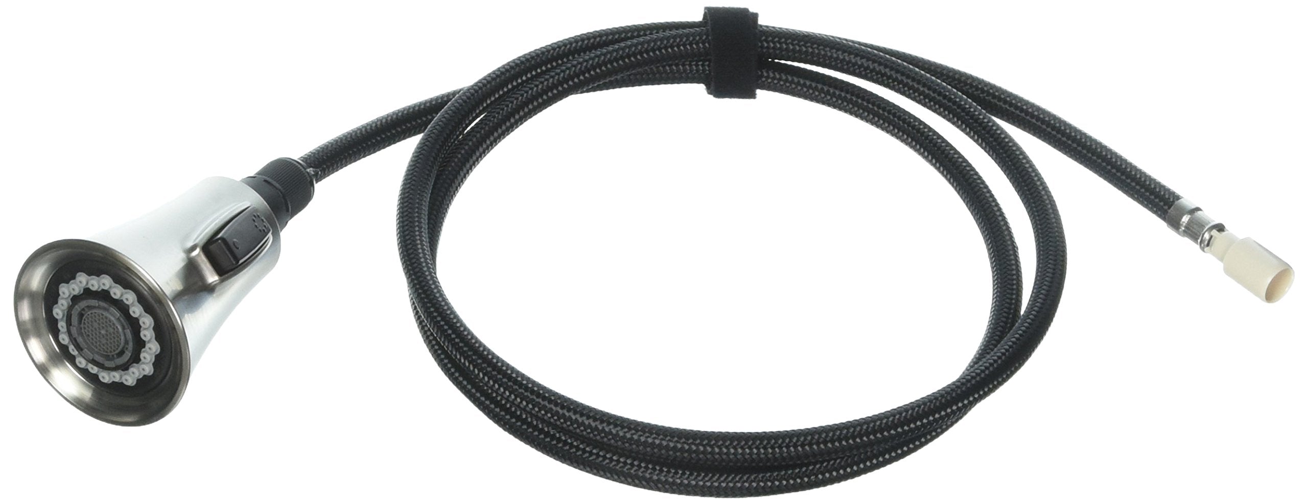 Stainless steel pull-down kitchen faucet spray head with black braided hose and connector.