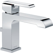 Chrome single-handle bathroom faucet with curved spout and matching pop-up drain assembly.