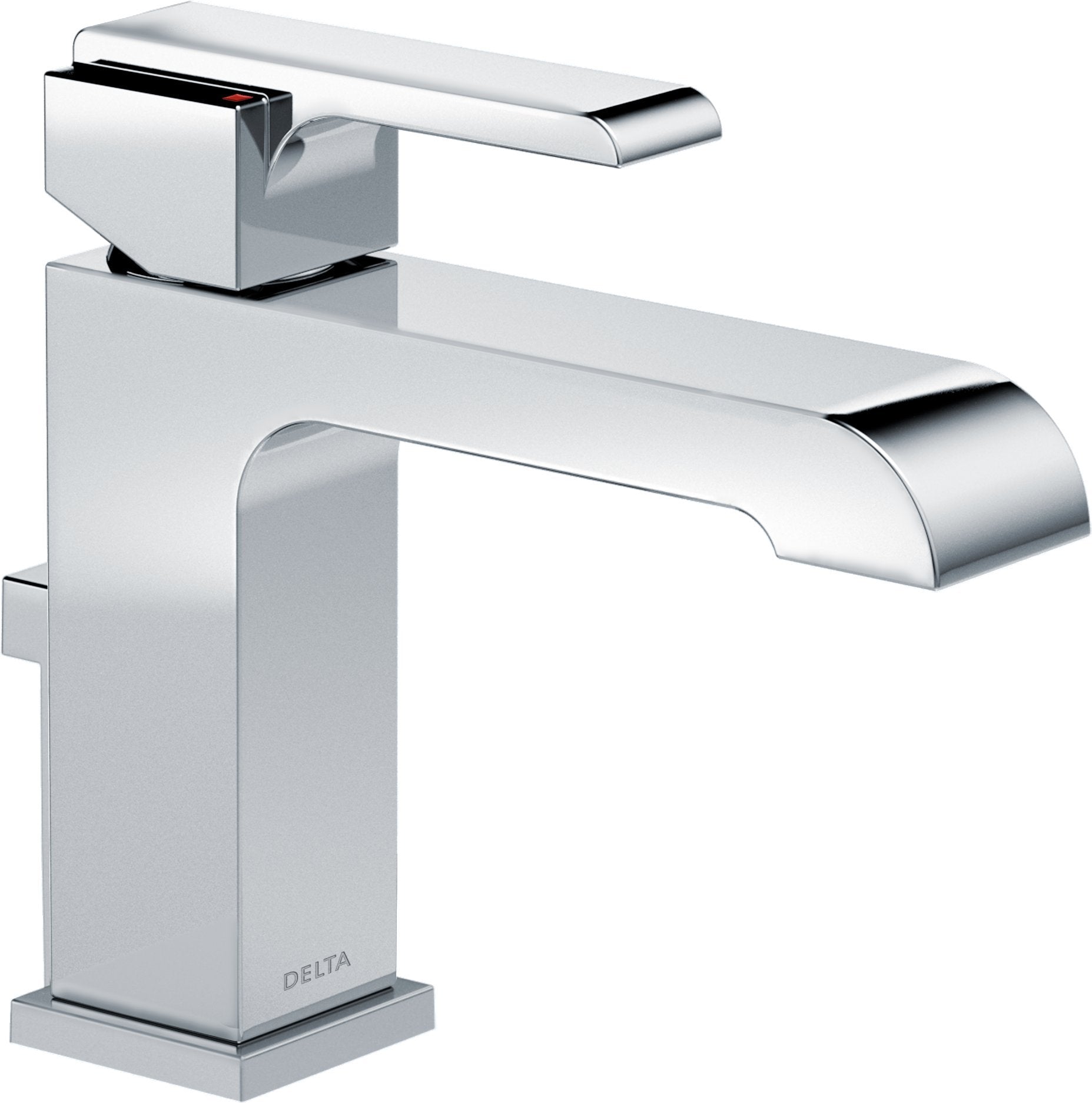 Chrome single-handle bathroom faucet with curved spout and matching pop-up drain assembly.